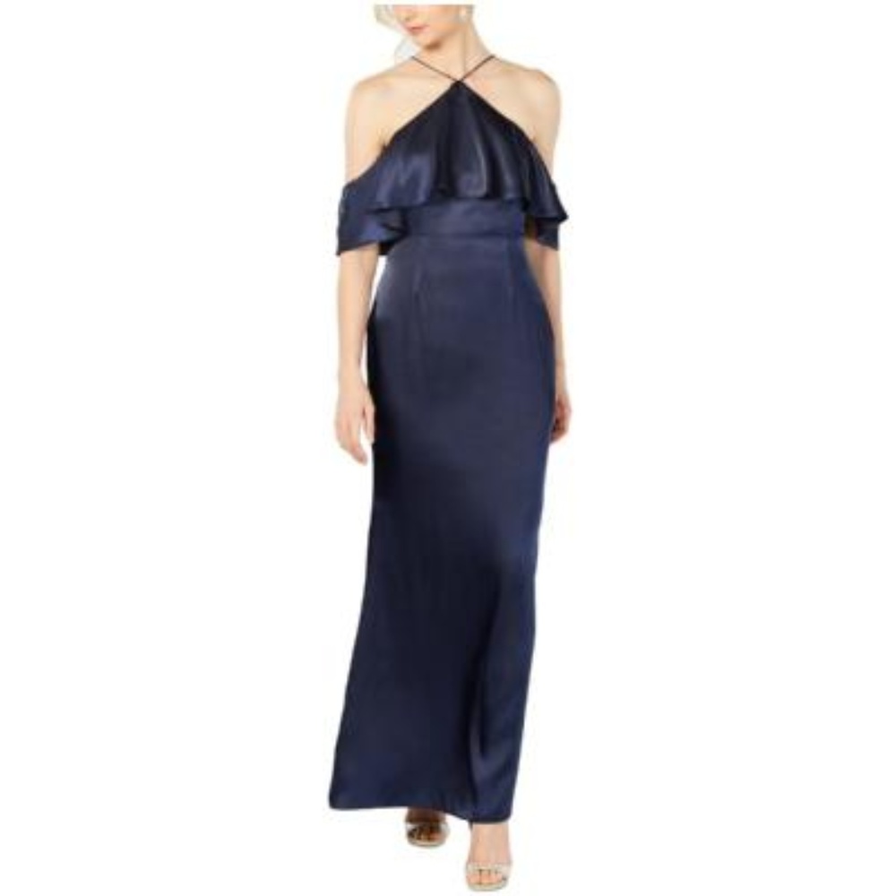Adrianna Papell Satin Halter Gown Dress Blue NWT